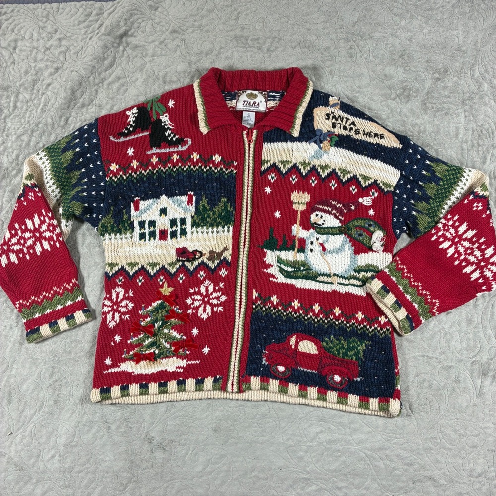 Vintage Christmas Sweater Cardigan Size L Chunky Bell Snowman Ugly Kitschy